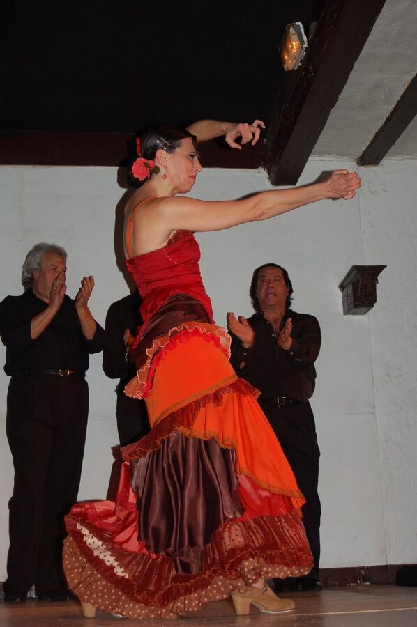 Close detail of a flamenco dancer's hands and skirt mid-turn, Madrid