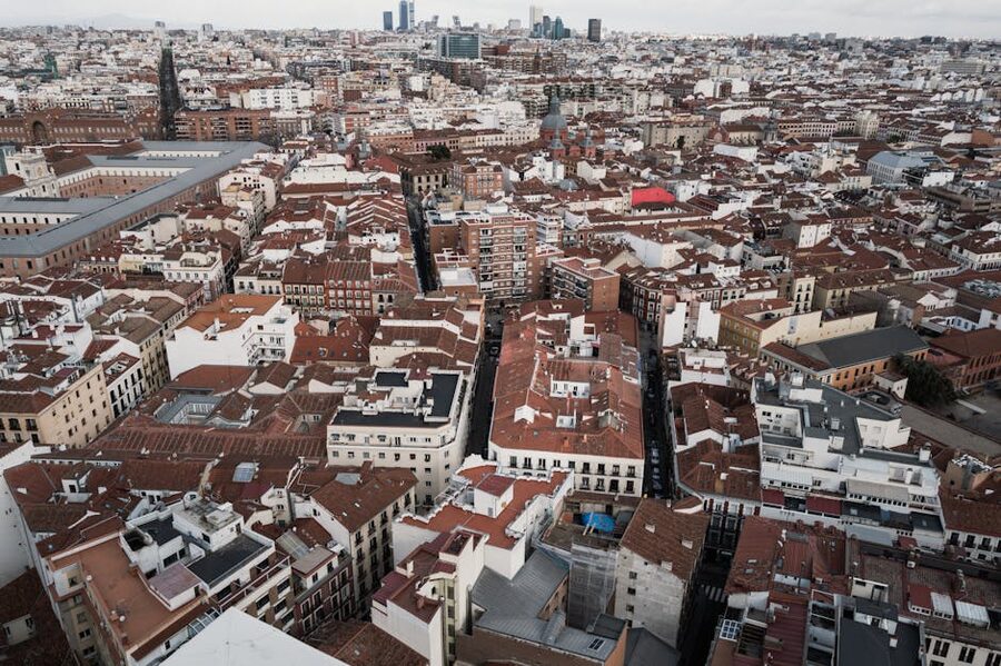 Aerial view of Madrid red-tiled rooftops on a panoramic city tour