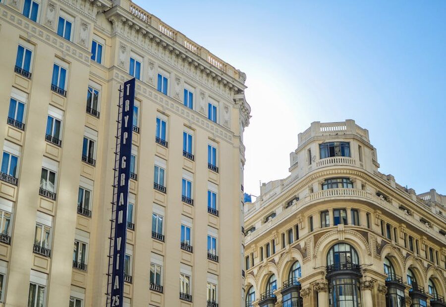 Madrid Gran Via classic architecture seen from open-top bus