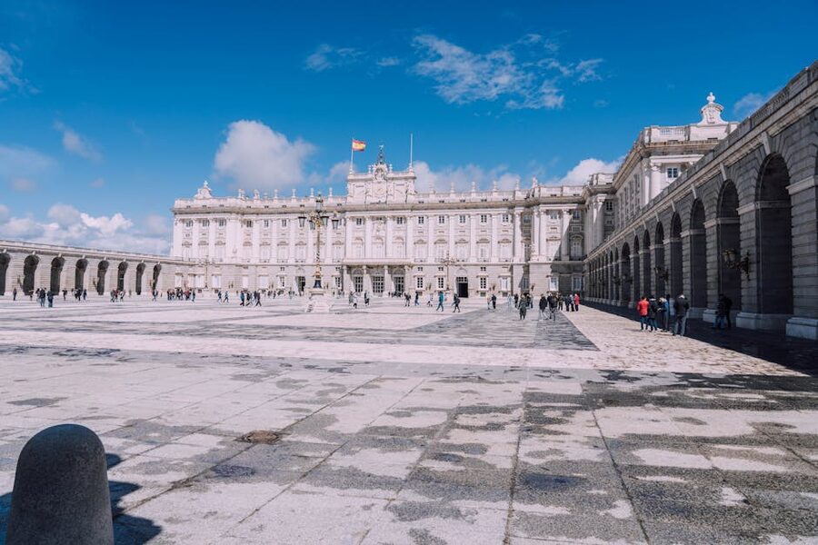 Royal Palace of Madrid under a clear blue sky
