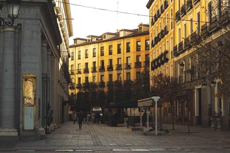Madrid sunset street with classic architecture