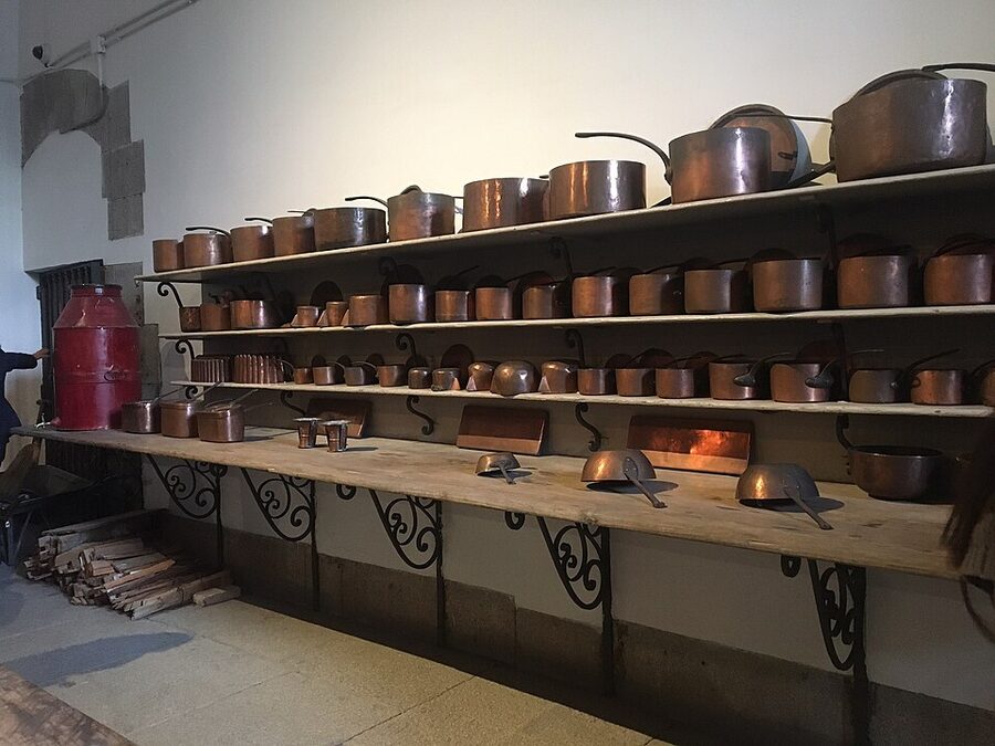 Copper pots and pans in the Royal Kitchen of Madrid