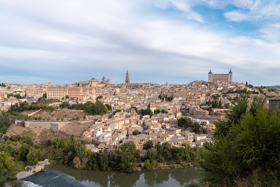 Aerial view of Toledo Spain with Tagus River and Alcantara Bridge
