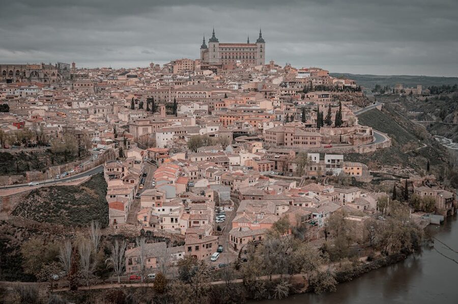 Toledo skyline viewed from the Mirador del Valle with Alcazar and Cathedral spires