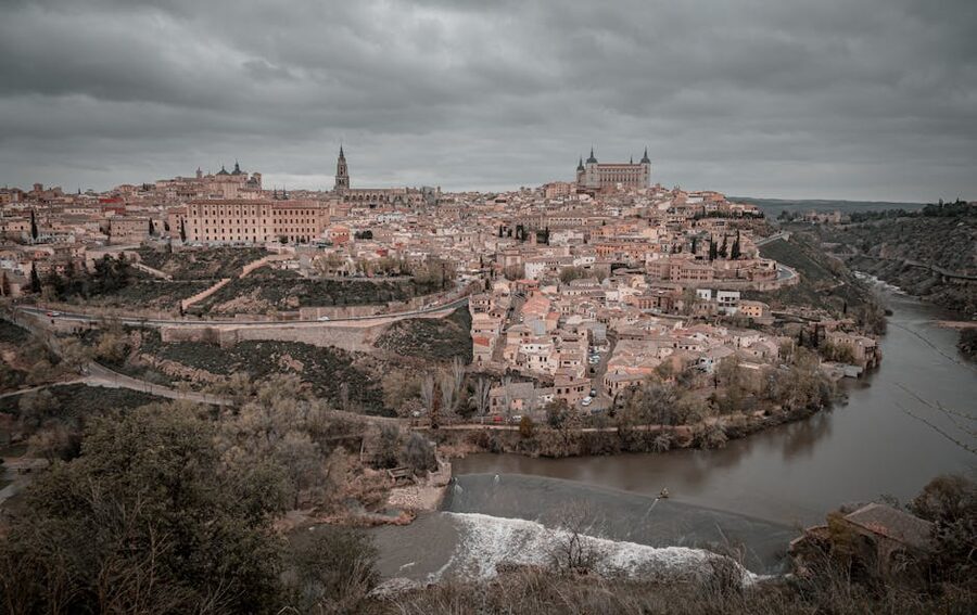 Toledo aerial view above the Tagus river Spain