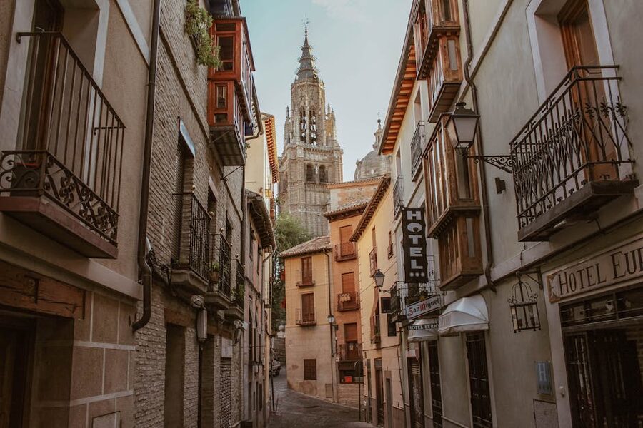 Toledo old town street with cathedral in background