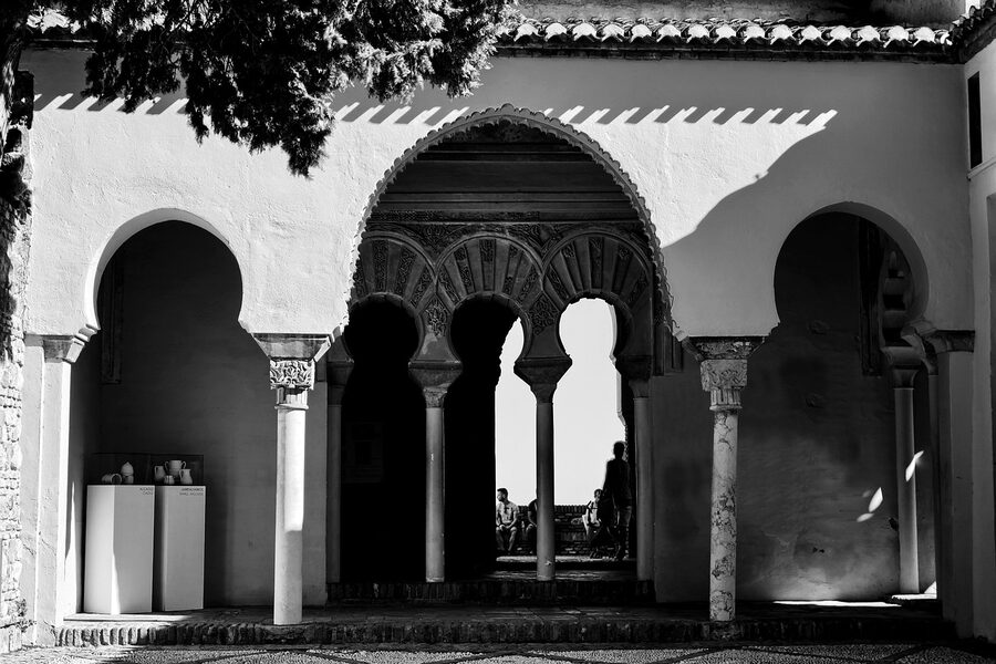 Alcazaba arches in black and white Malaga