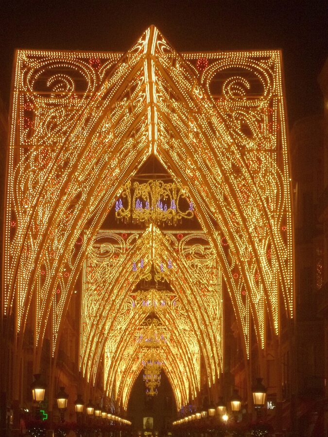 Malaga Cathedral illuminated exterior at night