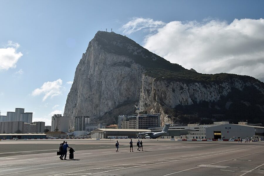 Aerial view of the road and pedestrian crossing over Gibraltar airport runway