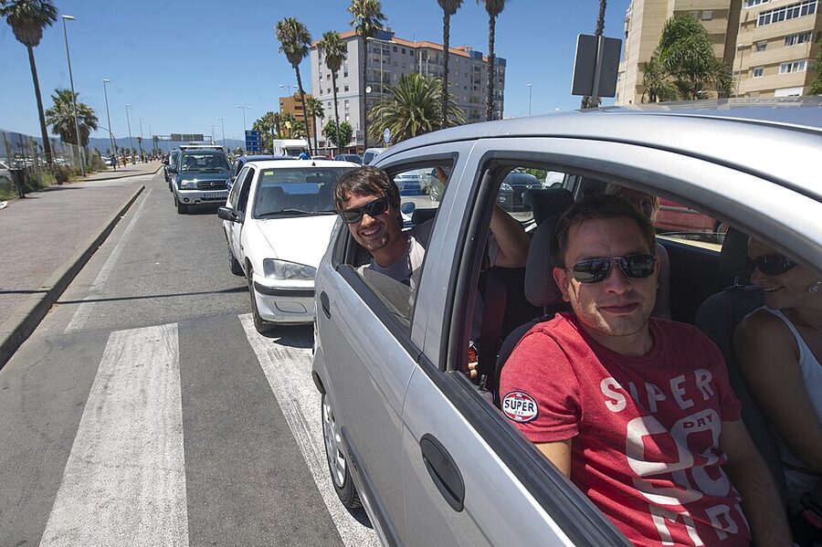 Passengers queueing on foot to enter Gibraltar from Spain at the La Línea border