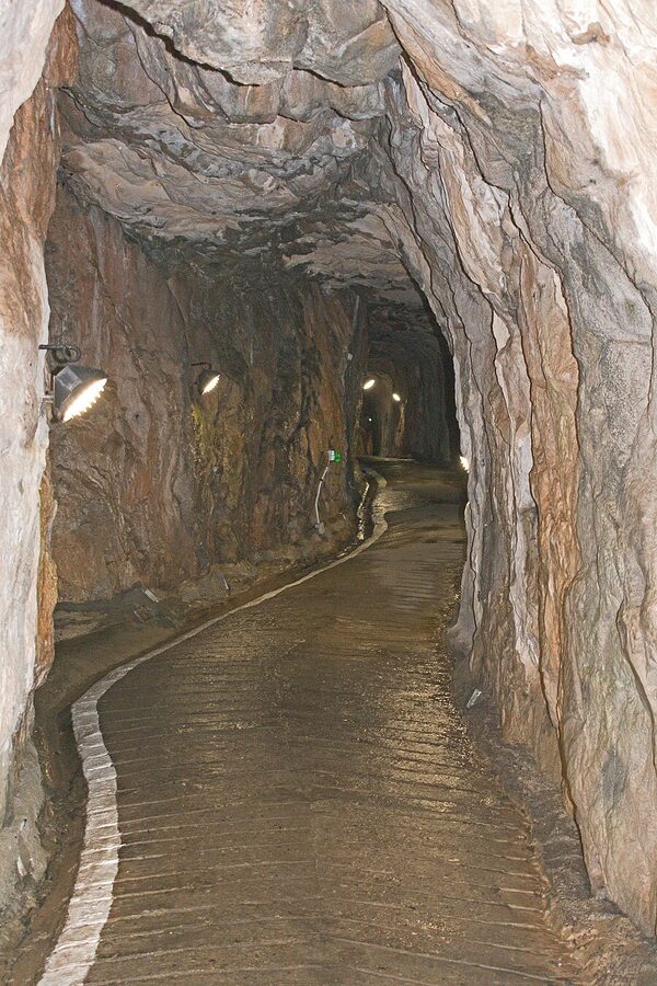 The main passage of the Great Siege Tunnels carved through limestone in Gibraltar