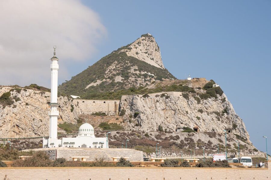 Ibrahim-al-Ibrahim Mosque at Europa Point with the Rock of Gibraltar behind