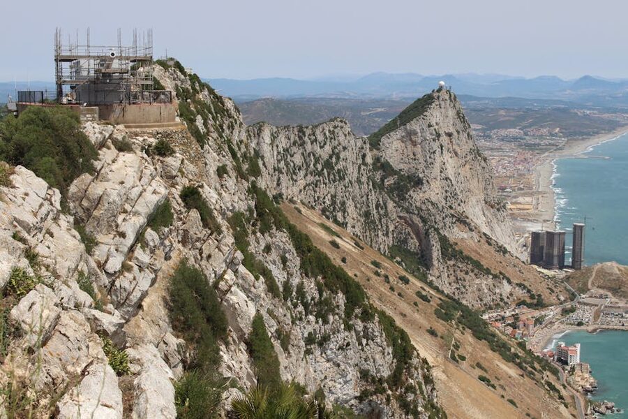 Aerial view of the Rock of Gibraltar with the Mediterranean and the Spanish coast behind