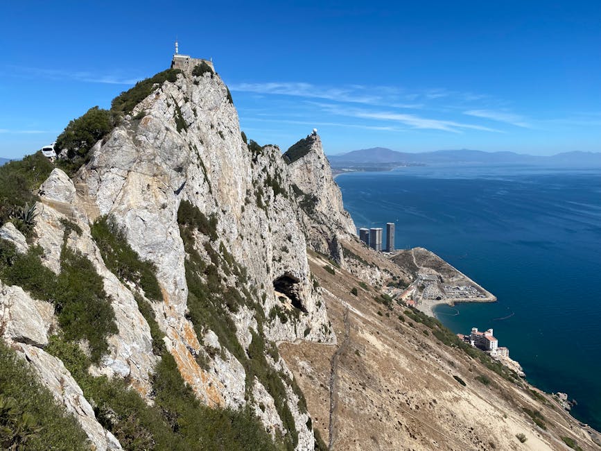 Aerial view of Gibraltar with the Rock and Mediterranean coastline