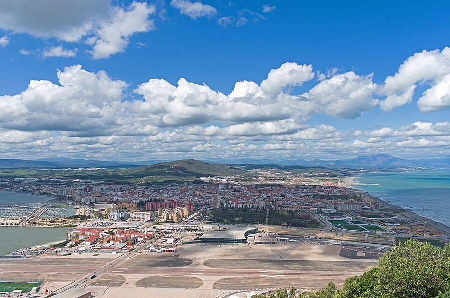 View from inside the Great Siege Tunnels of the airport runway and La Linea behind