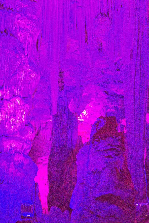 Stalactites lit up inside St Michaels Cave on the Upper Rock of Gibraltar