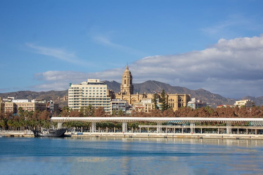 Malaga skyline with cathedral and coast in the background