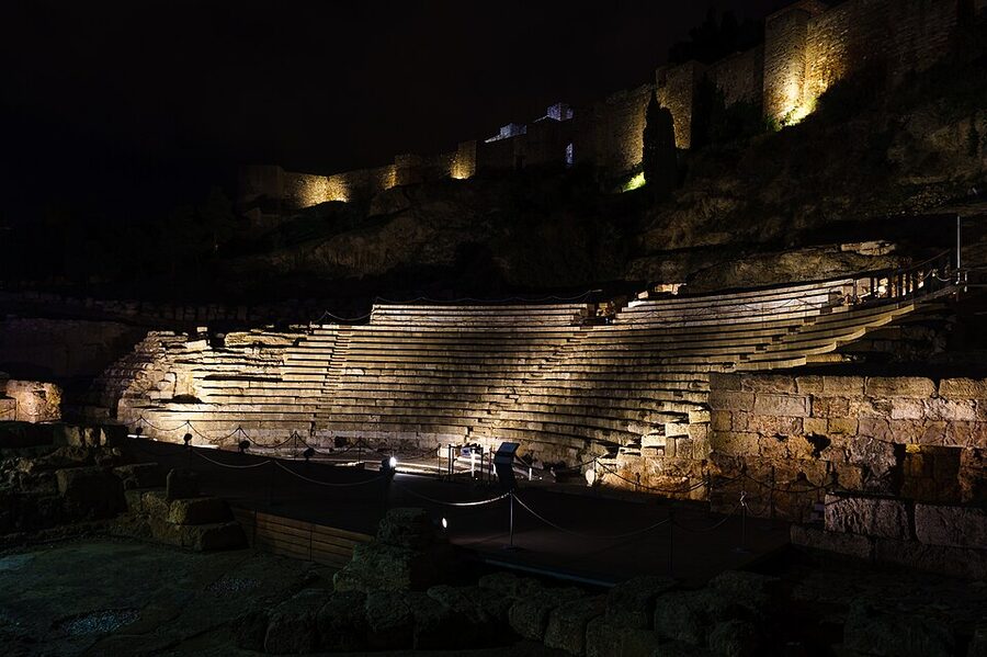 Roman Theatre of Malaga illuminated at night