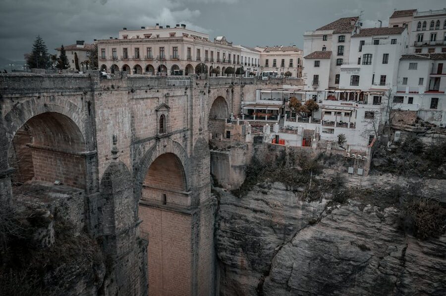 Dramatic view of Ronda Puente Nuevo bridge spanning El Tajo gorge in Spain