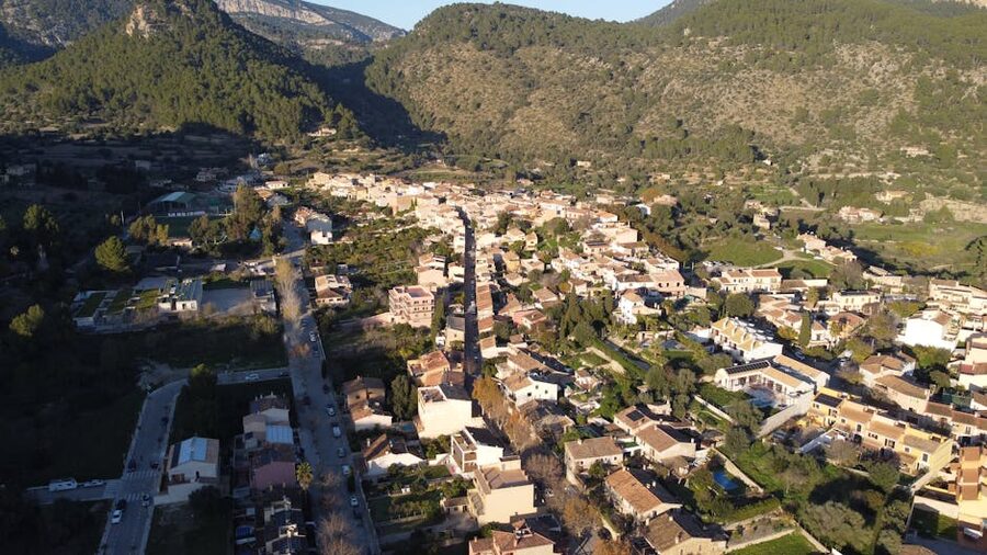 Aerial view of Puigpunyent village in the Mallorca mountains