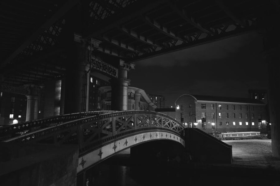 Manchester historic bridge over the canal at night