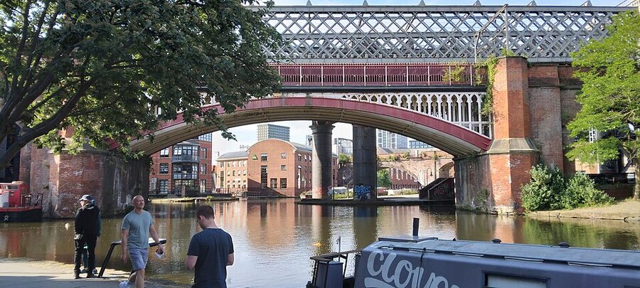 Aerial view of the Castlefield basin and Bridgewater Canal in Manchester
