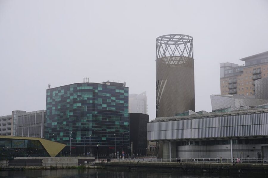 Foggy Manchester Salford skyline modern architecture