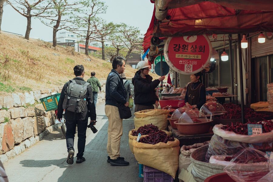 Traditional Korean food stall with small dishes