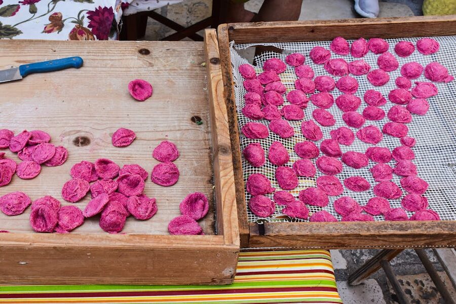 Orecchiette pasta drying outdoors in southern Italy
