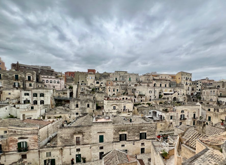 Aerial view of Matera under dramatic clouds