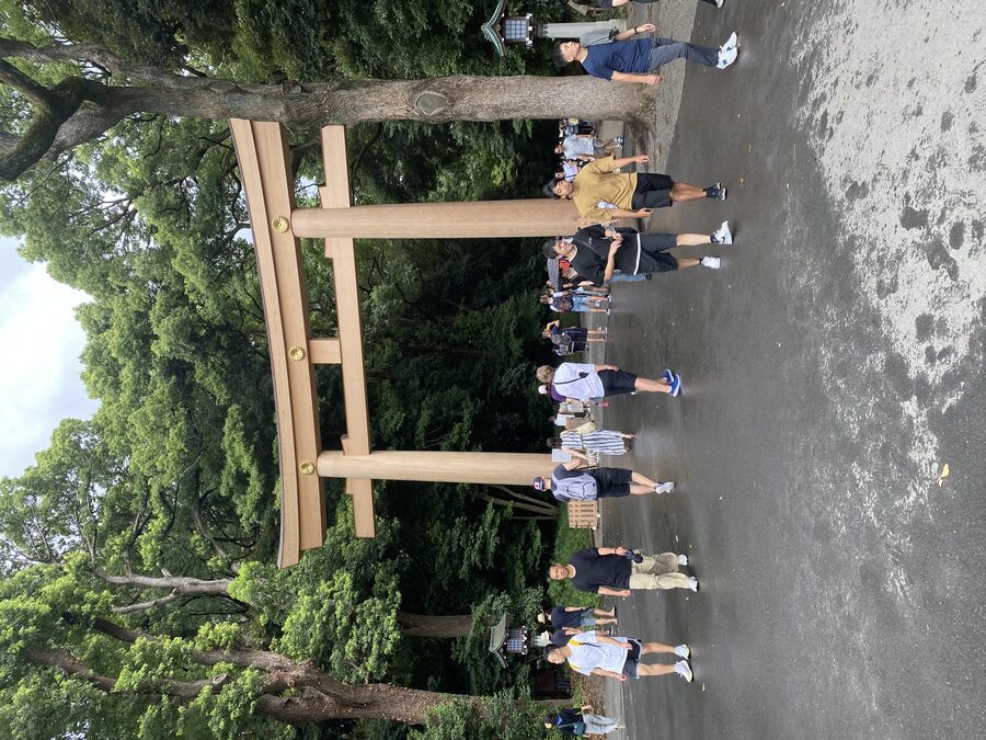 Grand wooden torii gate at the entrance to Meiji Jingu Shrine in Tokyo