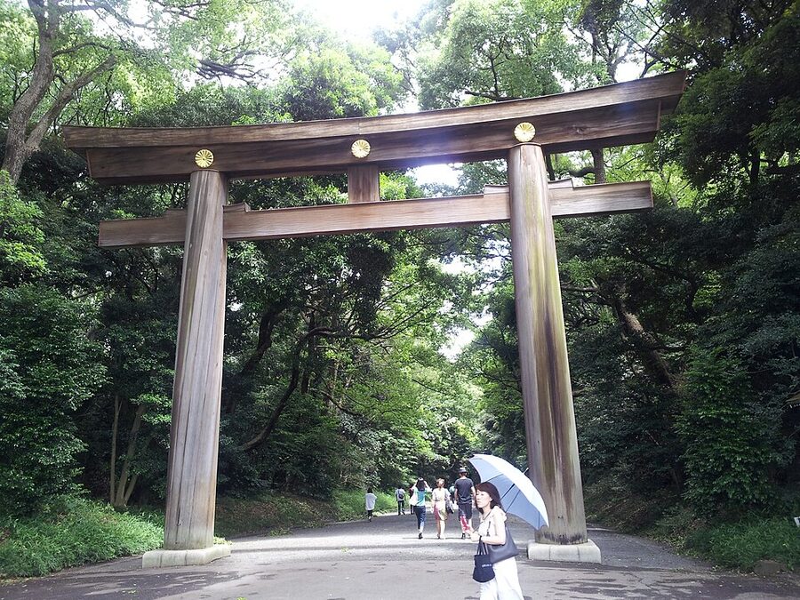 Wooden torii gate at the entrance to Meiji Jingu Tokyo