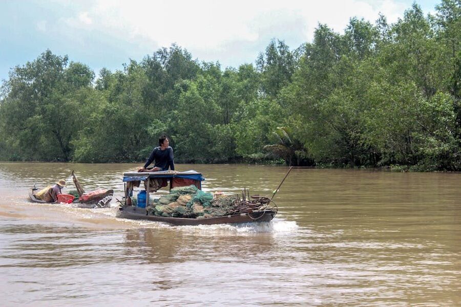 Man navigating a wooden boat on the Mekong River in Vietnam