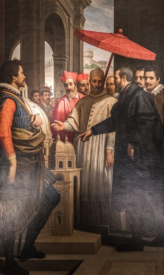 Domenico Passignano painting of Michelangelo presenting the model of St Peter's to Pope Pius IV