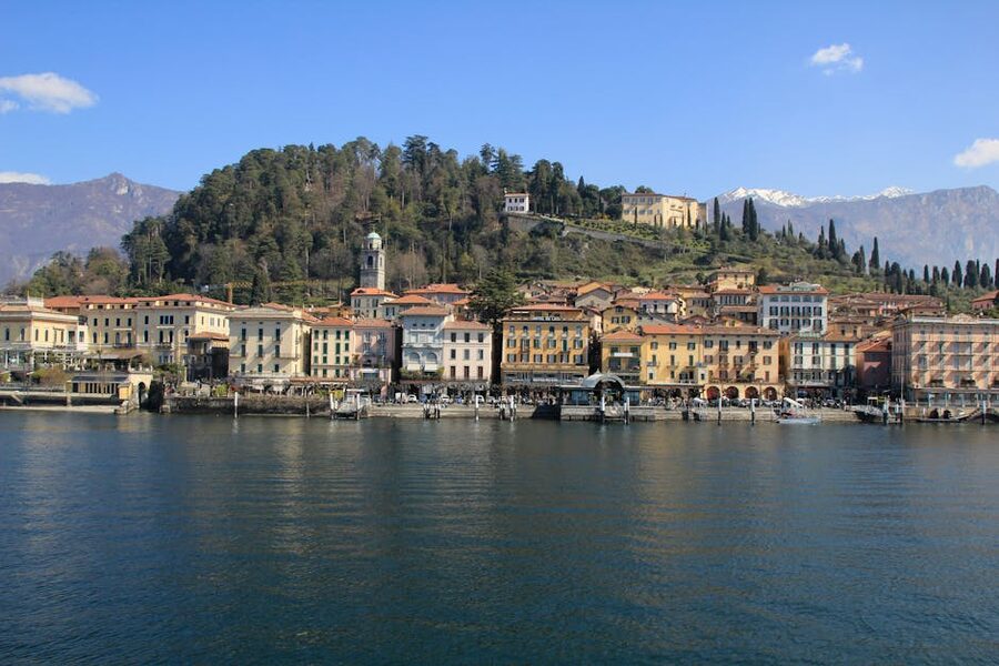 Bellagio waterfront on Lake Como with mountain backdrop seen from Bernina coach route
