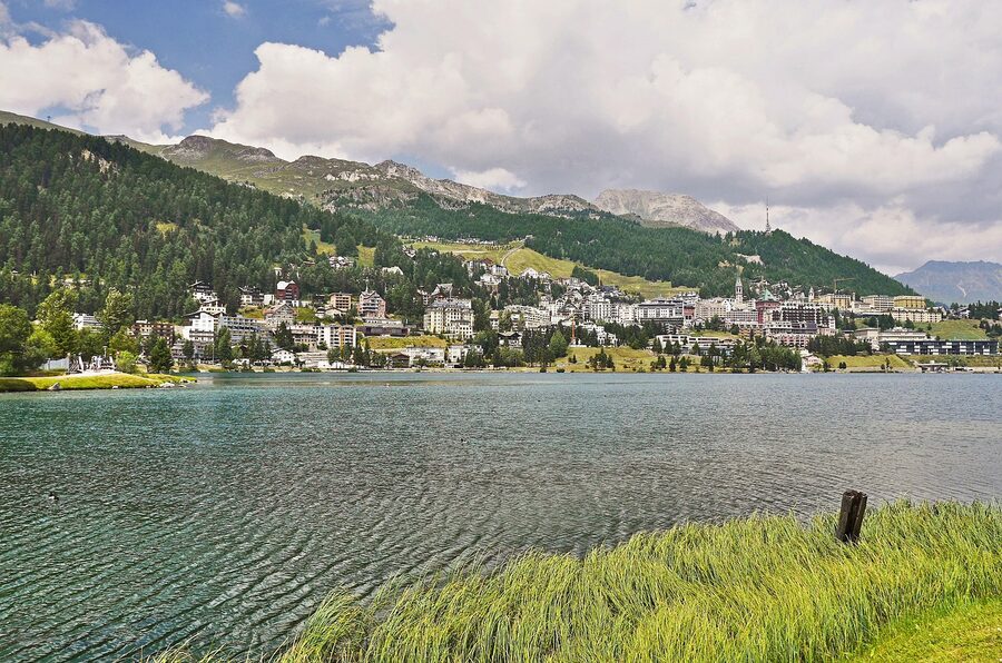 St Moritz lake panoramic view in upper Engadine valley Switzerland