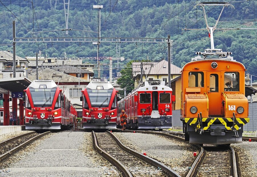 Tirano Swiss RhB station platform with Bernina Railway trains