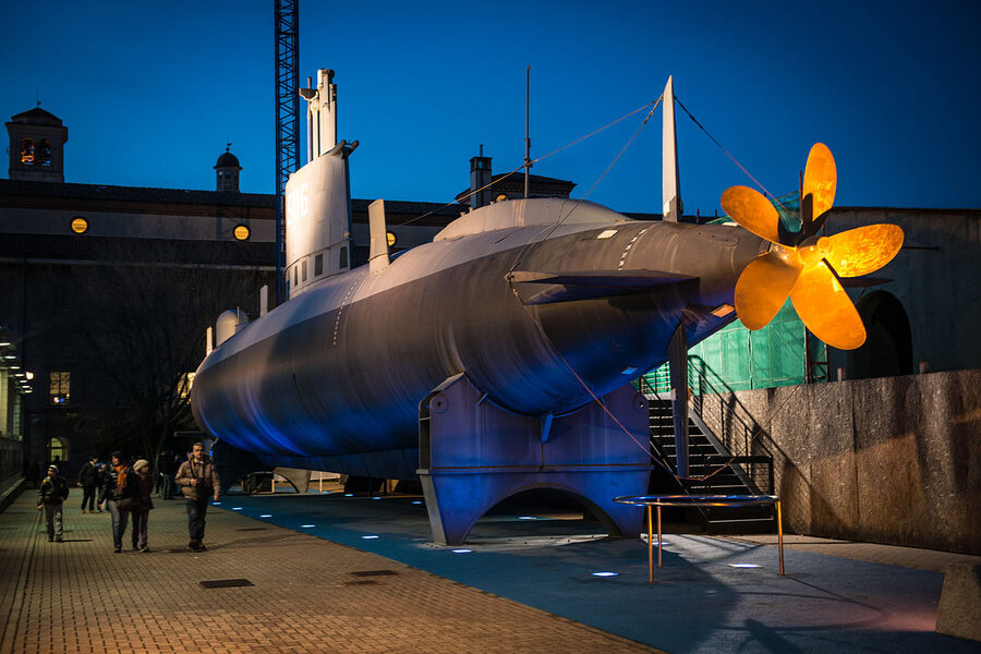 Enrico Toti submarine S-506 in the Milan Da Vinci Museum courtyard