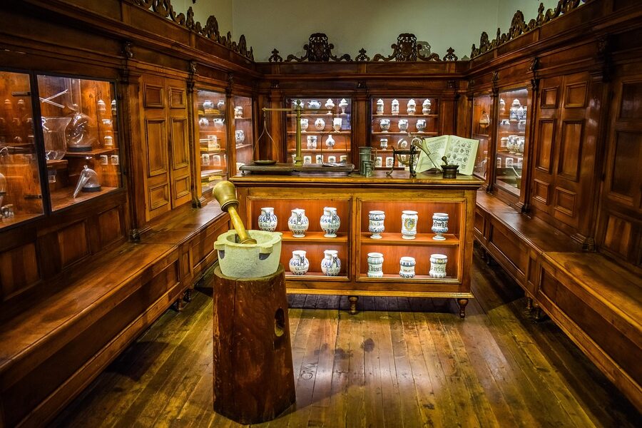 Vintage pharmacy display at Milan Da Vinci Museum