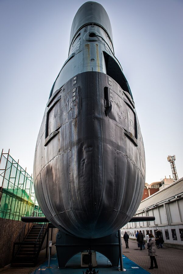 Front view of Enrico Toti submarine at Milan Science Museum