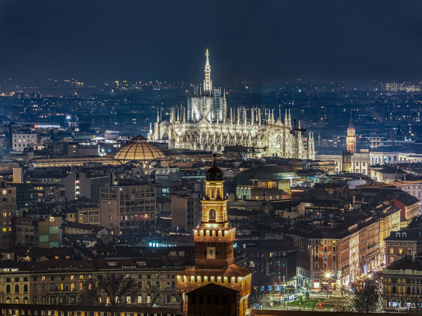 Milan Duomo aerial night view illuminated