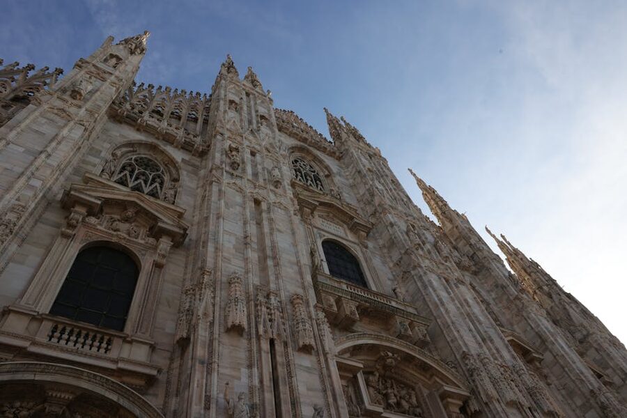 Milan Duomo Gothic spires at dawn