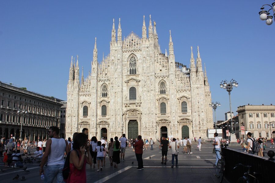 Milan Duomo square with Madonnina visible above