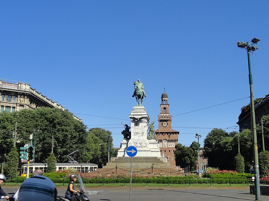 Largo Cairoli in Milan with Sforza Castle in the background