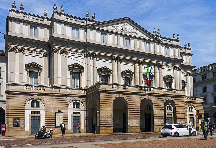 La Scala opera house front facade in Milan
