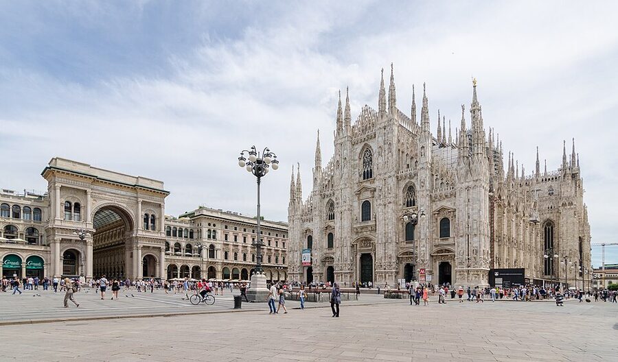 Milan Piazza Duomo with cathedral and Galleria Vittorio Emanuele entrance