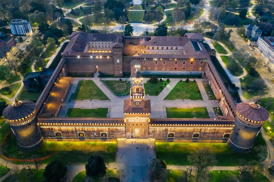 Aerial view of Sforza Castle Milan at twilight