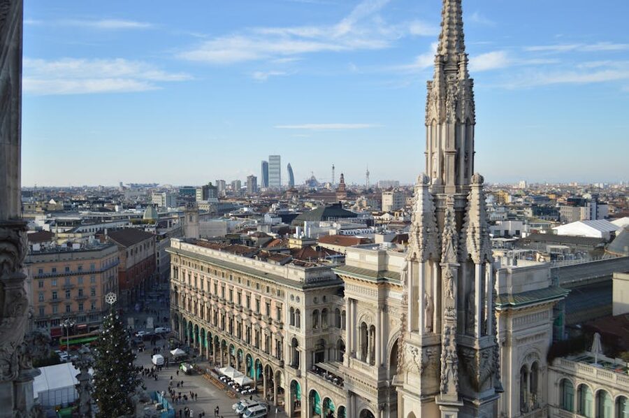 Aerial view of Milan skyline with Duomo spire