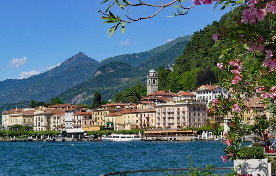 Bellagio historic centre houses on Lake Como riverbank