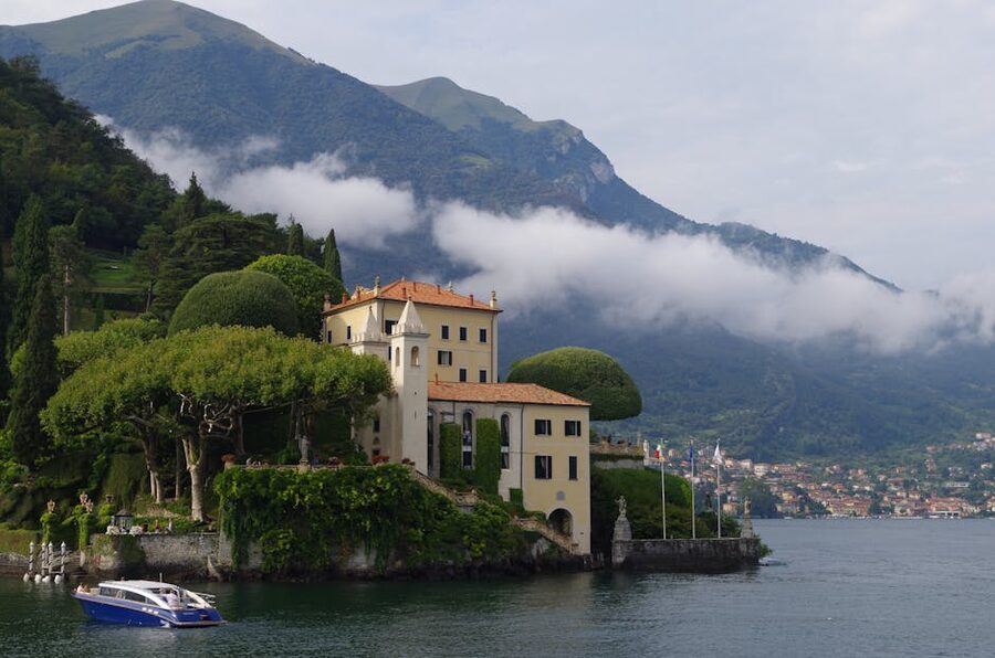 Villa del Balbianello on Lake Como surrounded by hills and water